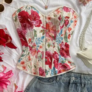 Soleia Top tube femme pour mariage, Top de corset pour femme, Top d'été pour femme, Top d'été, tenue occidentale pour femme, Top de sortie, style bohème, Top pour concert, festival rave, tenue de croisière pour femme, Top pour anniversaire de femme, Top pour vacances, Top tube, débardeur pour femme, Top tube en jacquard fleuri coloré style palais rétro avec bouton et lien dans le dos, pour les vacances
