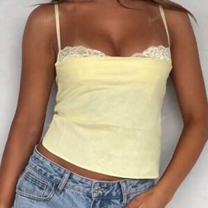 Débardeur à empiècement en dentelle jaune crème, couleur unie , convient pour l'été