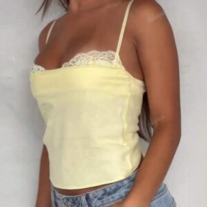 Débardeur à empiècement en dentelle jaune crème, couleur unie , convient pour l'été