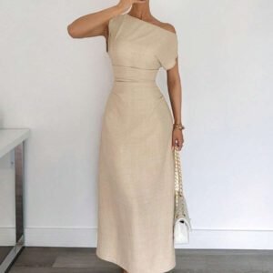 Siren Gaze Robe femme à col asymétrique à volants, manches courtes, couleur unie