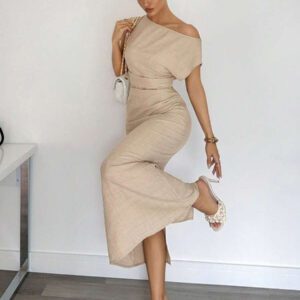 Siren Gaze Robe femme à col asymétrique à volants, manches courtes, couleur unie