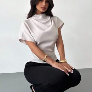 Firerie Blouse en lin de fibre de bambou beige avec col froissé, manches asymétriques, côtés froncés, taille cintrée, adaptée à tous les saisons