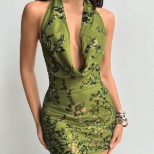 Aloruh Robe moulante mini élégante et sexy pour femmes avec encolure drapée profonde, brodée de perles