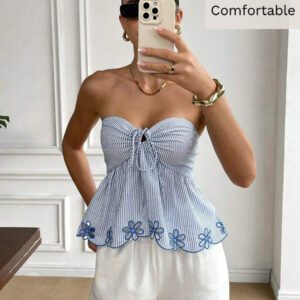 Serisse Débardeur à rayures avec empiècement imprimé et brodé, avec nœud sur le devant, pour femme, idéal pour les vacances