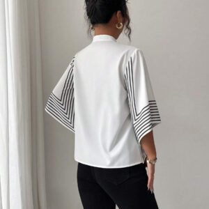 Elenzga Chemise élégante française à col montant, imprimé numérique géométrique avec lignes asymétriques aux manches, tenue de vacances printemps/été