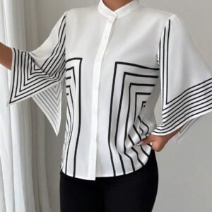 Elenzga Chemise élégante française à col montant, imprimé numérique géométrique avec lignes asymétriques aux manches, tenue de vacances printemps/été