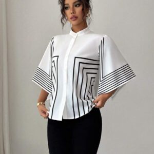 Elenzga Chemise élégante française à col montant, imprimé numérique géométrique avec lignes asymétriques aux manches, tenue de vacances printemps/été
