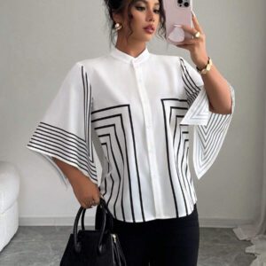 Elenzga Chemise élégante française à col montant, imprimé numérique géométrique avec lignes asymétriques aux manches, tenue de vacances printemps/été