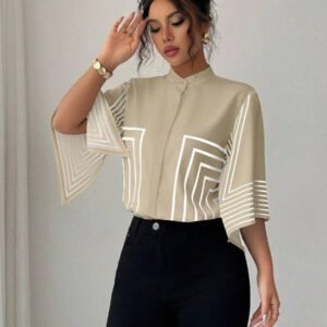 Elenzga Chemise élégante française à col montant, imprimé numérique géométrique avec lignes asymétriques aux manches, tenue de vacances printemps/été