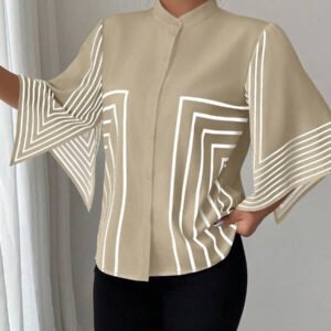 Elenzga Chemise élégante française à col montant, imprimé numérique géométrique avec lignes asymétriques aux manches, tenue de vacances printemps/été
