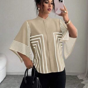 Elenzga Chemise élégante française à col montant, imprimé numérique géométrique avec lignes asymétriques aux manches, tenue de vacances printemps/été