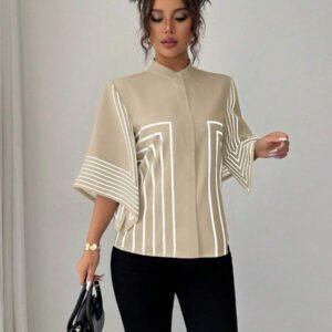 Elenzga Chemise élégante française à col montant, imprimé numérique géométrique avec lignes asymétriques aux manches, tenue de vacances printemps/été