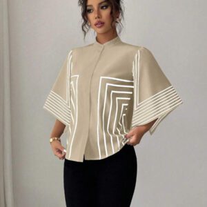Elenzga Chemise élégante française à col montant, imprimé numérique géométrique avec lignes asymétriques aux manches, tenue de vacances printemps/été