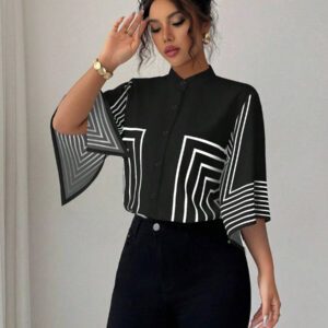 Elenzga Chemise élégante française à col montant, imprimé numérique géométrique avec lignes asymétriques aux manches, tenue de vacances printemps/été