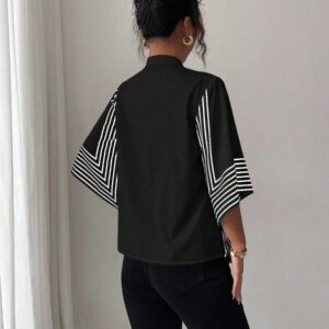 Elenzga Chemise élégante française à col montant, imprimé numérique géométrique avec lignes asymétriques aux manches, tenue de vacances printemps/été