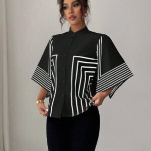 Elenzga Chemise élégante française à col montant, imprimé numérique géométrique avec lignes asymétriques aux manches, tenue de vacances printemps/été