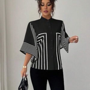 Elenzga Chemise élégante française à col montant, imprimé numérique géométrique avec lignes asymétriques aux manches, tenue de vacances printemps/été