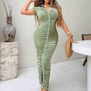 SHEIN SXY Robe midi ajustée à manche courte, couleur unie, à simple boutonnage et plissée pour femmes