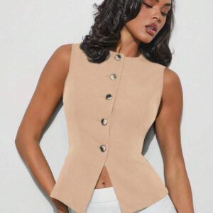 Hauture Top décontracté unicolore sans manches à encolure ras-du-cou et à simple boutonnage pour femmes