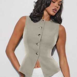 Hauture Top décontracté unicolore sans manches à encolure ras-du-cou et à simple boutonnage pour femmes