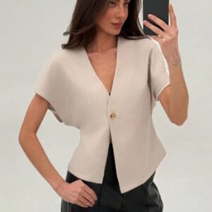 Aloruh Veste blazer pour femme de style bureau minimaliste avec taille marquée, col en V profond et ourlet asymétrique, couleur abricot