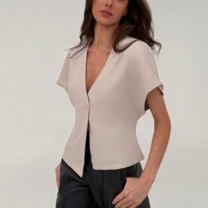 Aloruh Veste blazer pour femme de style bureau minimaliste avec taille marquée, col en V profond et ourlet asymétrique, couleur abricot