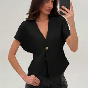 Aloruh Veste blazer pour femme de style bureau minimaliste avec taille marquée, col en V profond et ourlet asymétrique, couleur abricot