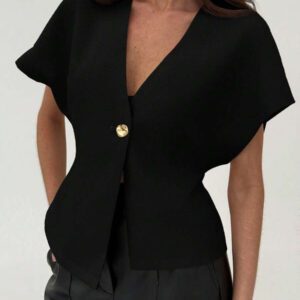 Aloruh Veste blazer pour femme de style bureau minimaliste avec taille marquée, col en V profond et ourlet asymétrique, couleur abricot