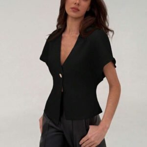 Aloruh Veste blazer pour femme de style bureau minimaliste avec taille marquée, col en V profond et ourlet asymétrique, couleur abricot
