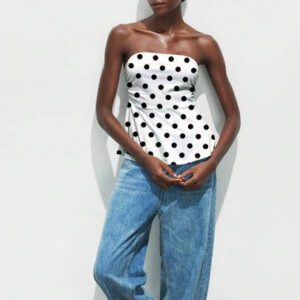 Maija Top bandeau à imprimé pois froissé et volants pour femmes, style décontracté