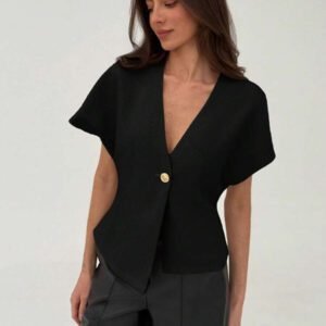 Aloruh Veste blazer pour femme de style bureau minimaliste avec taille marquée, col en V profond et ourlet asymétrique, couleur abricot