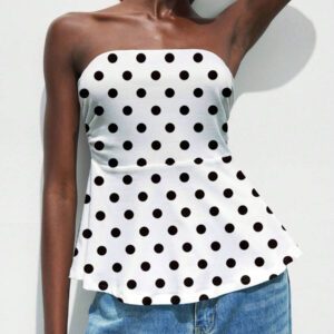 Maija Top bandeau à imprimé pois froissé et volants pour femmes, style décontracté