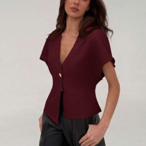 Aloruh Veste blazer pour femme de style bureau minimaliste avec taille marquée, col en V profond et ourlet asymétrique, couleur abricot