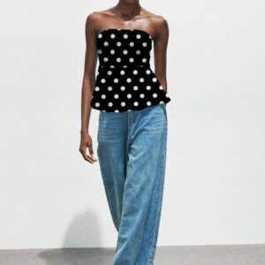 Maija Top bandeau à imprimé pois froissé et volants pour femmes, style décontracté