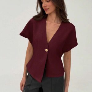 Aloruh Veste blazer pour femme de style bureau minimaliste avec taille marquée, col en V profond et ourlet asymétrique, couleur abricot