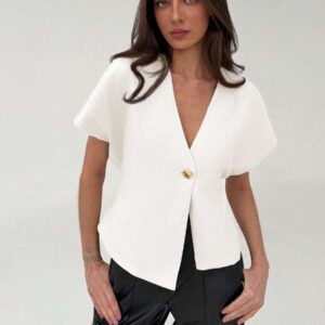Aloruh Veste blazer pour femme de style bureau minimaliste avec taille marquée, col en V profond et ourlet asymétrique, couleur abricot