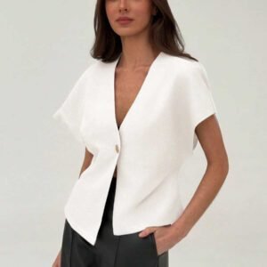 Aloruh Veste blazer pour femme de style bureau minimaliste avec taille marquée, col en V profond et ourlet asymétrique, couleur abricot