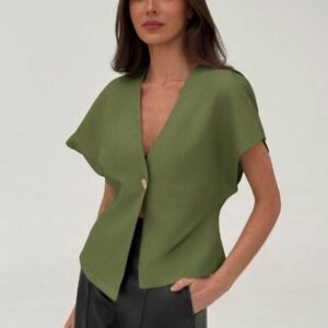 Aloruh Veste blazer pour femme de style bureau minimaliste avec taille marquée, col en V profond et ourlet asymétrique, couleur abricot