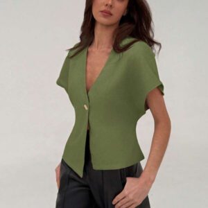 Aloruh Veste blazer pour femme de style bureau minimaliste avec taille marquée, col en V profond et ourlet asymétrique, couleur abricot