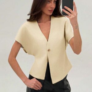 Aloruh Veste blazer pour femme de style bureau minimaliste avec taille marquée, col en V profond et ourlet asymétrique, couleur abricot