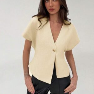 Aloruh Veste blazer pour femme de style bureau minimaliste avec taille marquée, col en V profond et ourlet asymétrique, couleur abricot