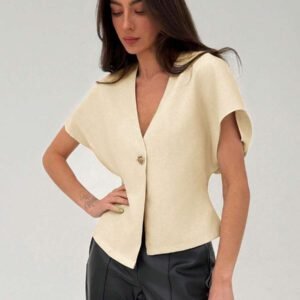 Aloruh Veste blazer pour femme de style bureau minimaliste avec taille marquée, col en V profond et ourlet asymétrique, couleur abricot