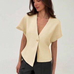 Aloruh Veste blazer pour femme de style bureau minimaliste avec taille marquée, col en V profond et ourlet asymétrique, couleur abricot
