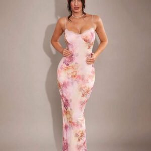 SHEIN BAE Robe longue moulante maxi élégante pour femmes avec camisole à bordure en dentelle à motif floral