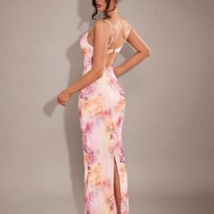 SHEIN BAE Robe longue moulante maxi élégante pour femmes avec camisole à bordure en dentelle à motif floral