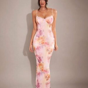 SHEIN BAE Robe longue moulante maxi élégante pour femmes avec camisole à bordure en dentelle à motif floral