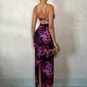 SHEIN BAE Robe longue moulante maxi élégante pour femmes avec camisole à bordure en dentelle à motif floral
