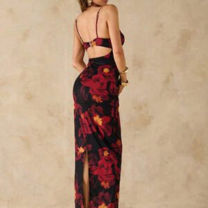SHEIN BAE Robe longue moulante maxi élégante pour femmes avec camisole à bordure en dentelle à motif floral