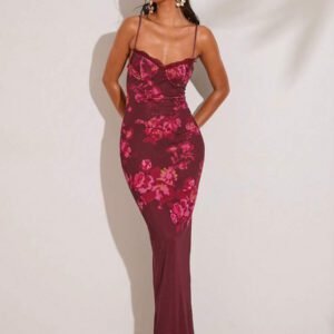 SHEIN BAE Robe longue moulante maxi élégante pour femmes avec camisole à bordure en dentelle à motif floral