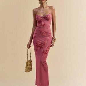 SHEIN BAE Robe longue moulante maxi élégante pour femmes avec camisole à bordure en dentelle à motif floral